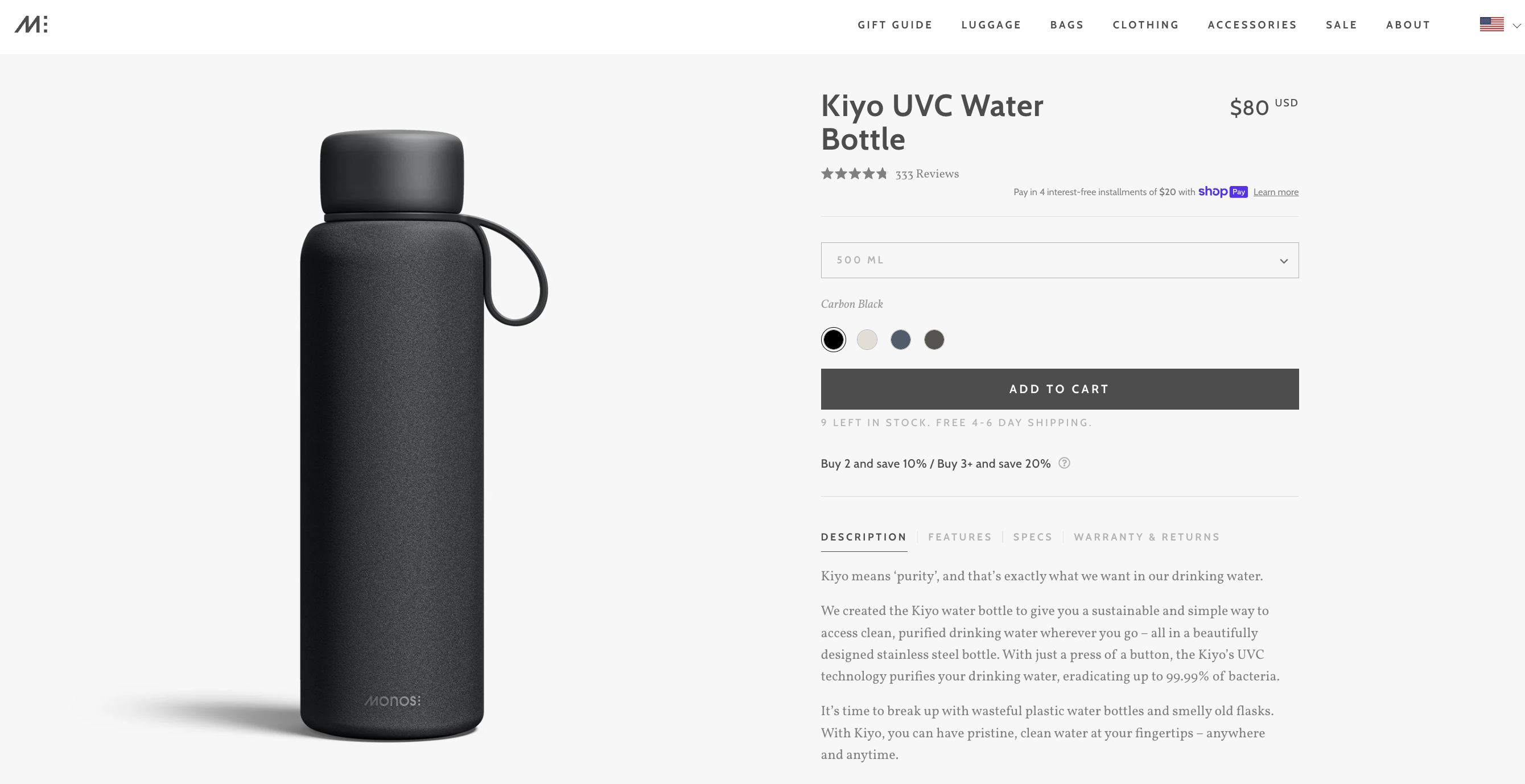 Monos Kiyo UVC Purification Water Bottle